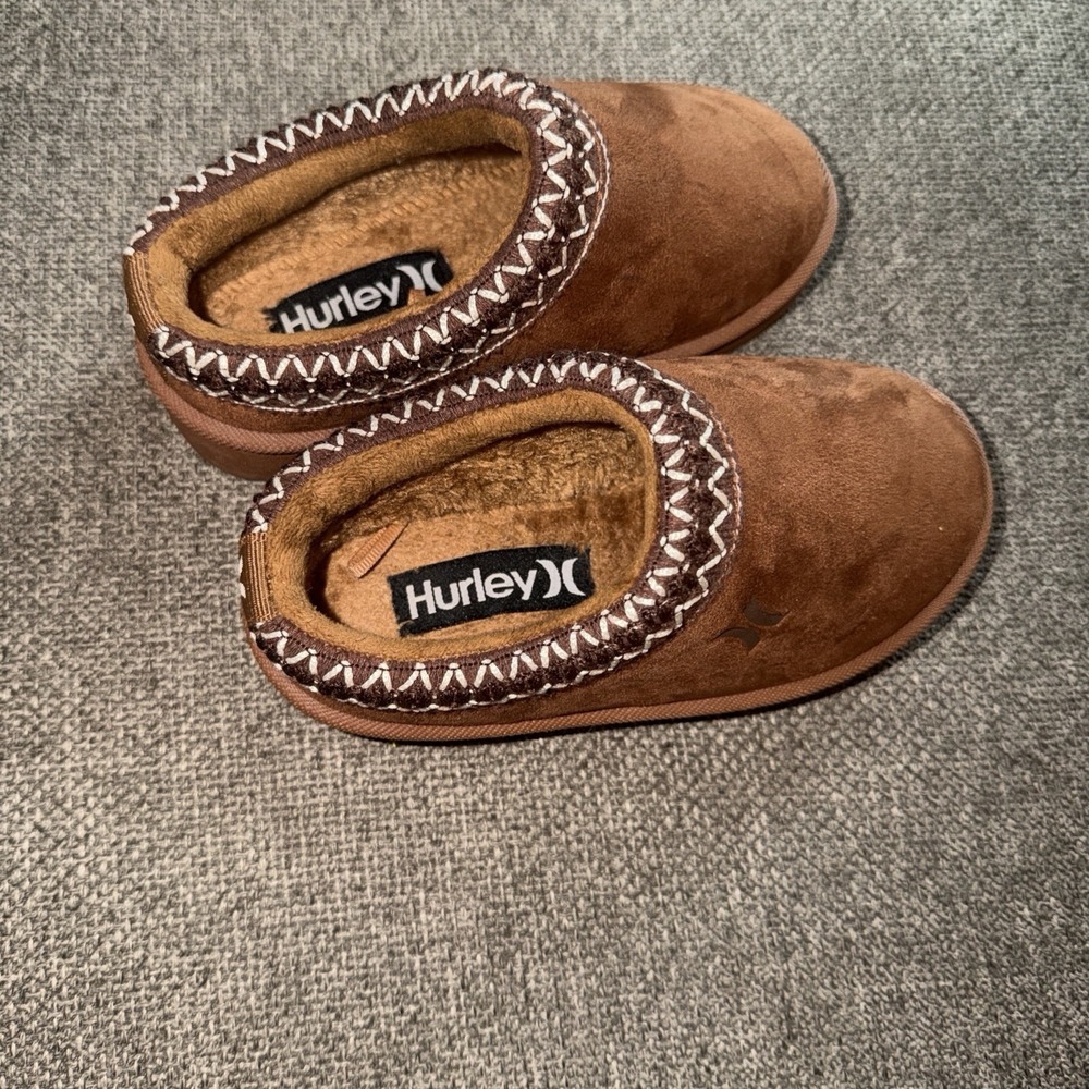 Hurley Kids Size 10 Brown Faux Suede Sherpa Lined Slip On Moccasin